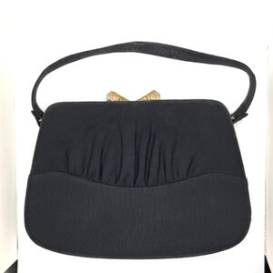 Mel-Ton Vintage Black Faille Evening Purse Gold Filigree Lucite Marble Closure